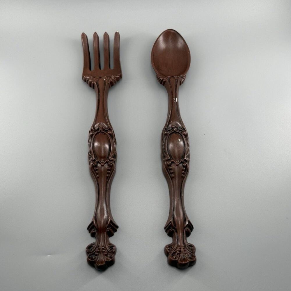 Vintage Large Spoon Fork Wall Decor Set Ornate Faux Wood Kitchen MCM Retro Brown